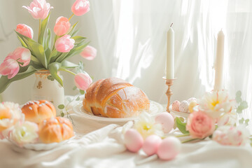 dreamy pastel aesthetic easter breakfast scene with pink tulips, a white linen tablecloth, easter painted pastel eggs, and golden brioche with a candle