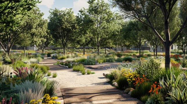Artists Rendering of a Garden With Trees and Flowers