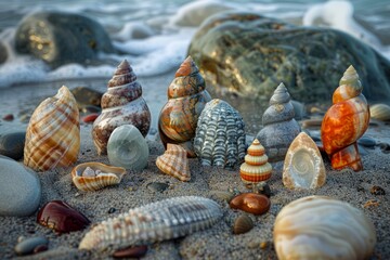 Assorted Seashells on Sandy Beach at Twilight with Waves and Pebbles Marine Still Life Photography