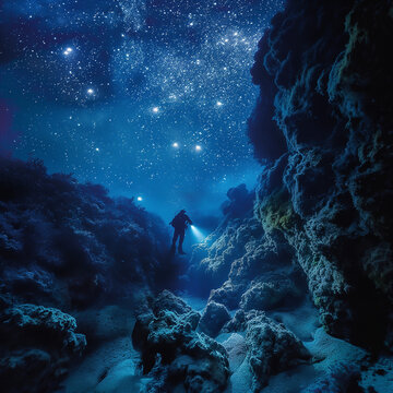 Fascinating nighttime diving images Above, the night sky is full of stars.