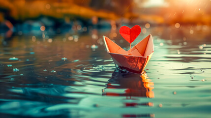 Paper boat with heart sailing at sunset