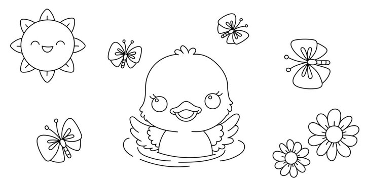 Kawaii line art coloring page for kids. Kindergarten or preschool coloring activity. Cute swimming duckling, flower and butterfly. Outdoor nature life vector illustration