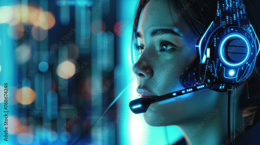 Poster detailed image showing the sleek side profile of a gaming headset illuminated with neon trimming in 