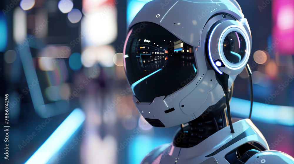 Poster a futuristic robot head with urban night lights reflecting on its visor depicting advanced ai and ro