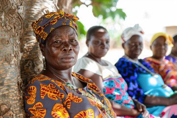 Togolese women in colored clothes sit on a tree.