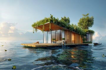Luxury Floating Villa with Modern Design Surrounded by Tranquil Tropical Waters and Luscious Greenery