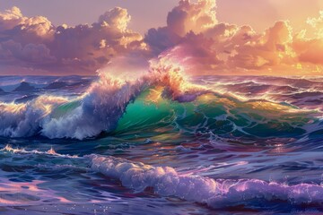 Majestic Sunrise Colors Painting Ocean Waves with Vibrant Clouds in a Picturesque Seascape