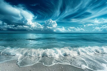 Serene Blue Seascape with Gentle Waves and Majestic Cloud Formations over Tranquil Waters