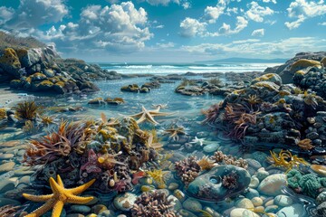 Starfish on Rocky Shoreline with Seaweeds and Pebbles under Sunny Blue Sky in Coastal Seascape