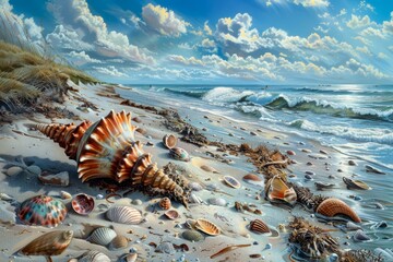 Stunning Seascape with Exotic Seashells on Pristine Beach Under a Vivid Cloudy Sky Coastal Nature Artwork
