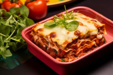 Refined lasagna in a bento box against a colorful tile background