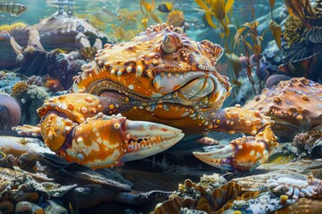 Vibrant Underwater Marine Life Scene with Colorful Orange Crab Amongst Coral Reefs