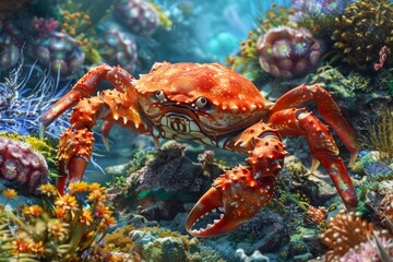 Vibrant Underwater Scene with Majestic Orange Crab among Colorful Coral Reefs