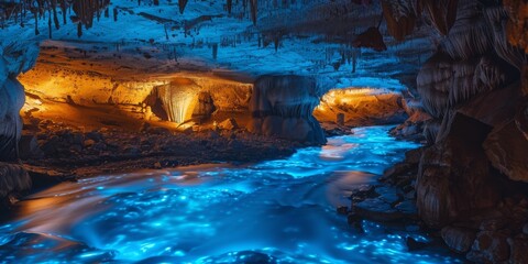 A cave with a blue river flowing through it
