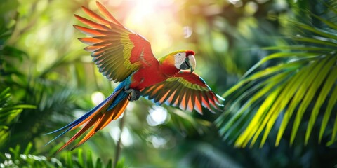 A colorful parrot is flying through a lush green forest
