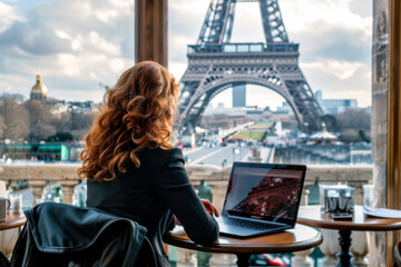 A young woman is sitting in a cafe near the Eiffel tower and working on a laptop
 - obrazy, fototapety, plakaty