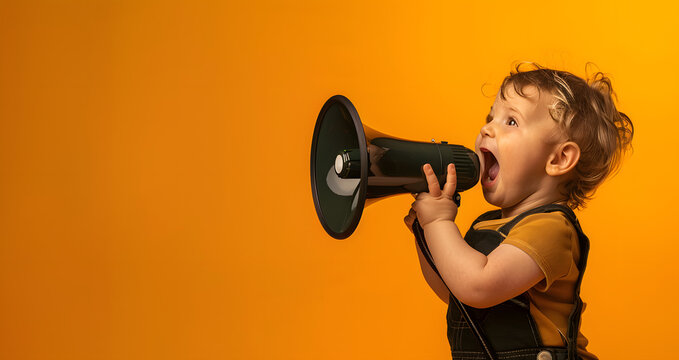 kid with curly hair on yellow background with megaphone