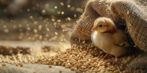Obraz premium A baby chick is sitting on a bag of grain