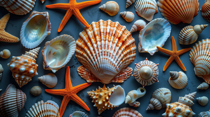 Starfish and Sea Shells Collection on a Blue Background