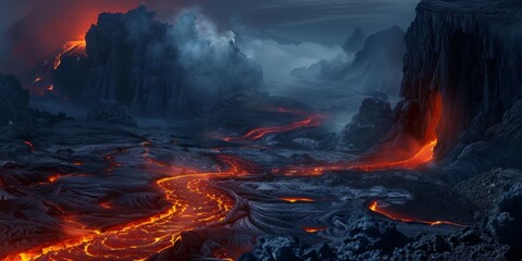 A lava flow is seen in the distance, with a mountain in the background