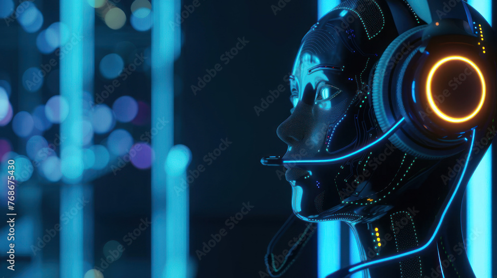 Poster a vibrant image showcasing a close-up of a robot with illuminated features representing futuristic t