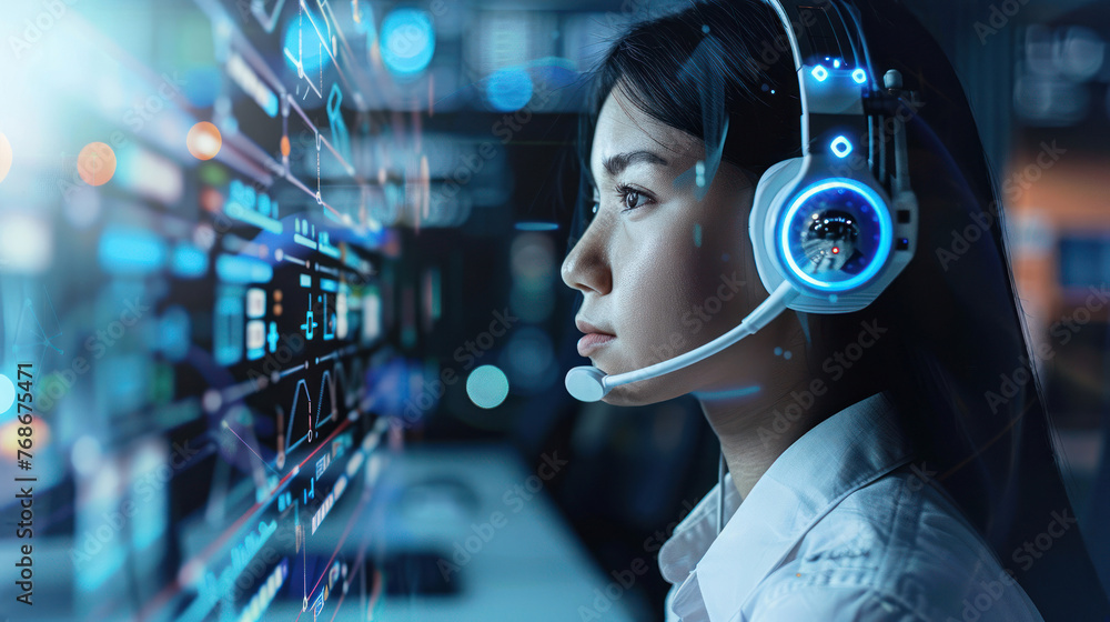 Poster an image showing a woman with a futuristic headset observing complex data screens, symbolizing data 