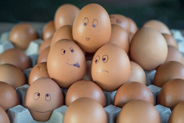 A chicken egg is drawn with lines expressing the feeling of  funny face