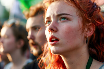 Fiery-haired activist, 25, in handmade protest tee and recycled jeans, passionately speaks at a city rally, urging stricter carbon emission regulations for climate action.






