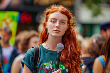 Fiery-haired activist, 25, in handmade protest tee and recycled jeans, passionately speaks at a...
