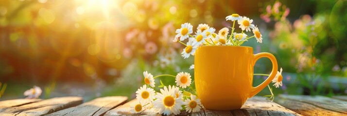 Spring and summer background. Yellow teacup filled with fresh daisies, set upon a rustic wooden table. - obrazy, fototapety, plakaty