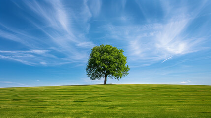 Obraz premium Majestic tree standing in a lush green landscape. The tree is healthy with leaves reaching towards a blue sky. Hope and the importance of protecting the environment for future generations.