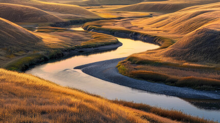 Fototapeta premium The warm light of the setting sun highlights the contours and patterns of a river gently curving through a textured landscape