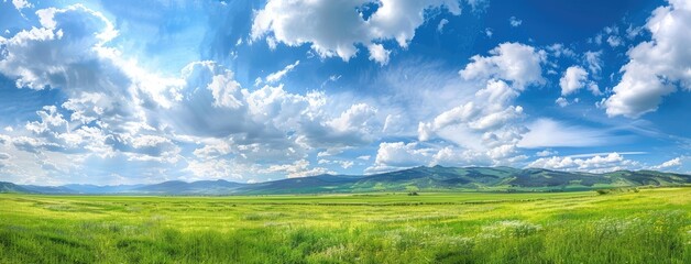 Fototapeta premium a green meadow perched on a hillside, surrounded by the fresh colors of spring, with a majestic mountain range looming in the background, offering a sweeping panoramic view of natural splendor.