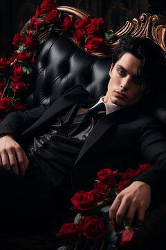attractive male vampire in a silk black suit laying on red velvet sofa with red roses. protagonist character of a romantic fantasy novel	