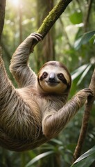 This curious sloth peers down from its treetop haven, surrounded by the dense foliage of a vibrant rainforest. Its expressive face captures the essence of its peaceful existence. AI generation