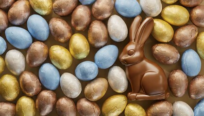 3D illustration of Chocolate Easter eggs background with chocolate bunny in the composition. View from the top.
 - obrazy, fototapety, plakaty