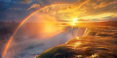 A beautiful sunset over a body of water with a waterfall in the background