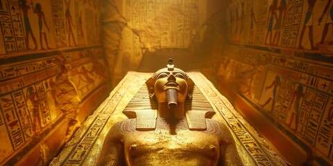 A golden statue of a man is sitting on a bed of gold