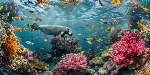 A colorful coral reef with a manatee swimming through it