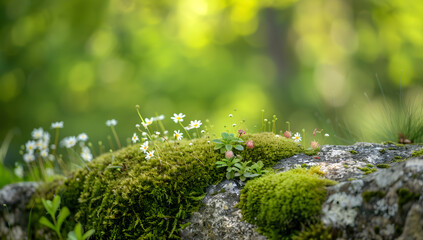 A stone covered with green moss on a blurred forest background. Close - up. Natural background with copy space for your design.