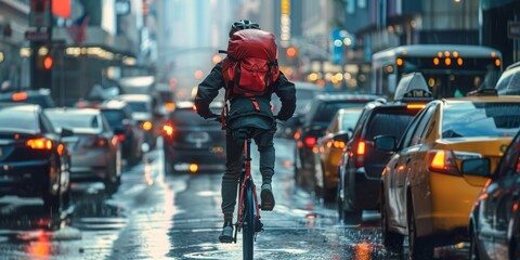 A man rides a bicycle in a busy city street