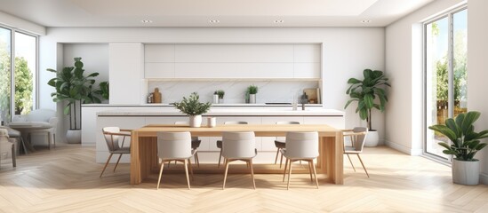 A modern, clean dining room featuring a white kitchen island, wooden dining table with chairs, bamboo and potted plants, a large window, and herringbone parquet flooring. The minimalist interior
