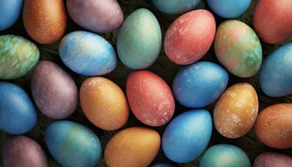 Fotobehang 3D illustration of Easter eggs texture background. Colored eggs. View from the top.  © Rmcarvalhobsb