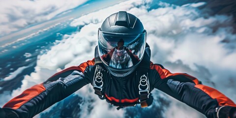 A man in a red jumpsuit is taking a selfie while flying through the air - Powered by Adobe