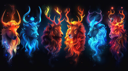Abstract image of different animal heads in neon colors