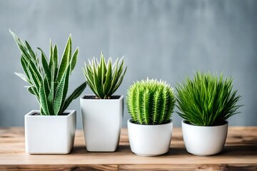Set of artificial green houseplants in white pots - obrazy, fototapety, plakaty