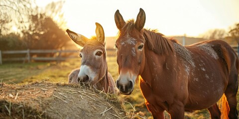 Two brown horses standing next to each other in a field