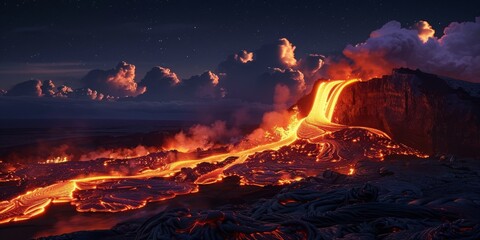 A volcano with a lava flow and a sunset in the background