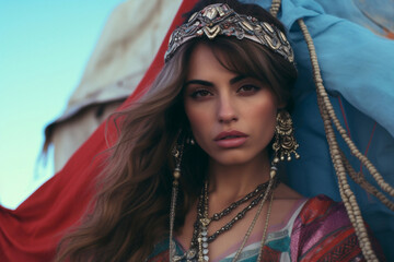 Portrait of a beautiful young woman in a gypsy outfit.International Gypsy Day. - obrazy, fototapety, plakaty