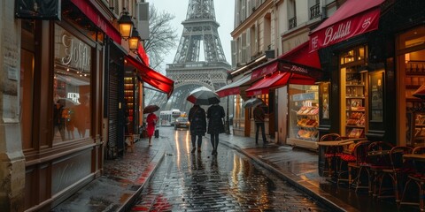 A rainy day in Paris with people walking down the street and umbrellas